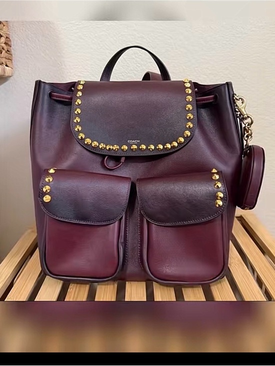 burgundy leather backpack Black for Men  The Real Leather Co Removable brand stamp embossed tag Coach Wine Burgundy Leather Backpack